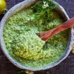 This flavorful Poblano Pumpkin Seed Sauce is made with roasted poblano peppers and pumpkin seeds- a tasty addition to tacos, enchiladas, or burrito bowls! #poblanosalsa #pepitasalsa #poblanosauce #pepitasauce