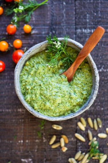 A flavorful recipe for Poblano Pumpkin Seed Sauce made with roasted poblano peppers and pumpkin seeds- a tasty addition to tacos, enchiladas, or burrito bowls! #poblanosalsa #pepitasalsa #pepitasauce