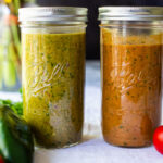 How to make homemade Enchilada Sauce (both red and green) by roasting the tomatoes or tomatillos before blending. Not only does this give great flavor, it is all made on one sheet-pan! Simple and EASY! #enchiladasauce