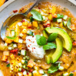 Tomato Peach Gazpacho with Basil and Burrata -a chilled summer soup that is cooling and refreshing and easy to whip up. Vegan-adaptable! #gazpacho #peachrecipes #tomatorecipes #summerrecipes #chilledsoup