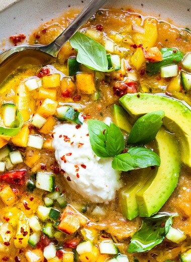 This refreshing Peach Gazpacho blends ripe peaches, tomatoes, cucumber, basil, and olive oil into a vibrant no-cook summer soup that's light, healthy, and easy to make.