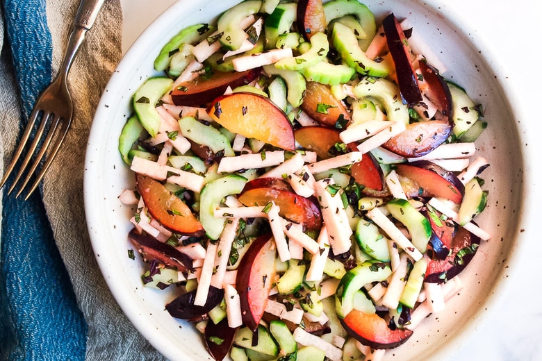 This Plum Salad with Jicama and Cucumber is dressed with a flavorful Plum Shiso Shrub. Crunchy, refreshing and light it's deliciously cooling on and hot summer's day! Vegan and GF.