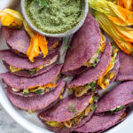 A tasty recipe for Zucchini Quesadillas with creamy cashew cheese and Poblano Pumpkin Seed Salsa. Vegan and delicious! #vegan #quesadillas #zucchini #zucchinirecipes