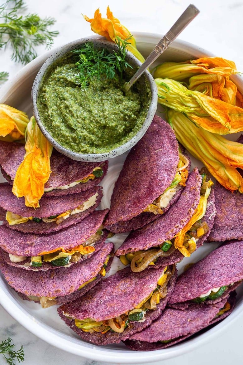 A tasty recipe for Zucchini Quesadillas with creamy cashew cheese and Poblano Pumpkin Seed Salsa. Vegan and delicious! 