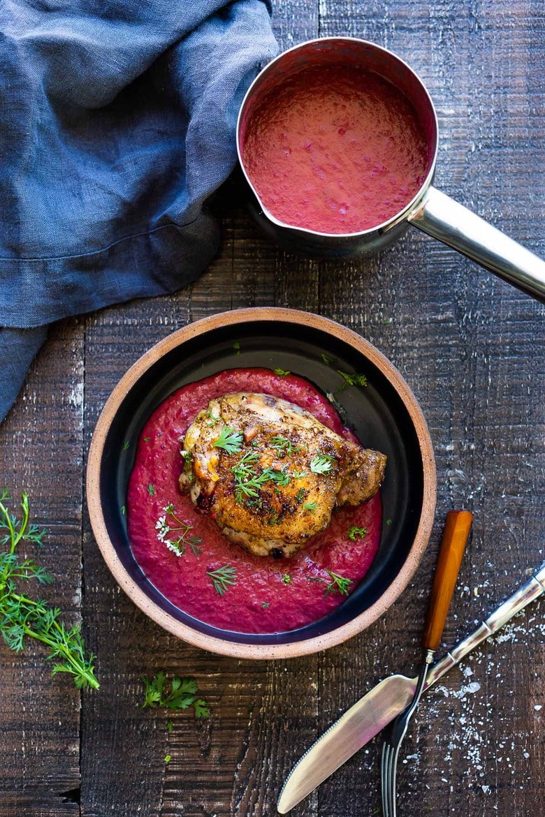 A delicious recipe for Five Spice Chicken with Roasted Plum Sauce- a flavorful Chinese-Inspired dinner highlighting juicy summer plums. Make this with Chicken Thighs, Pork Loin or Tofu! Vegan Adaptable! #fivespice #plumsauce #5spicechicken #fivespicechicken