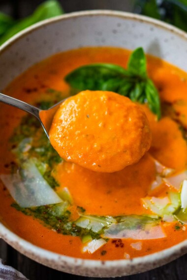 The best recipe for homemade tomato soup in under 30 minutes. Vegan-adaptable.