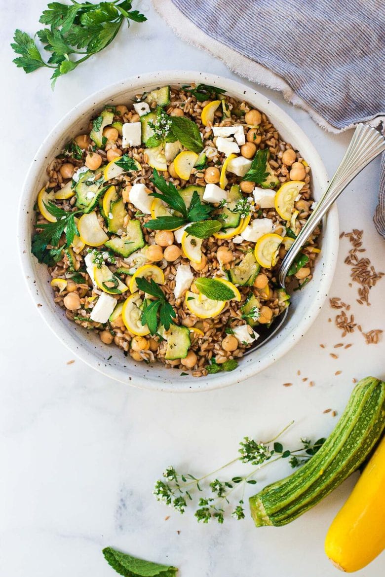 Mediterranean Farro Salad w/ Marinated Zucchini and Chickpeas