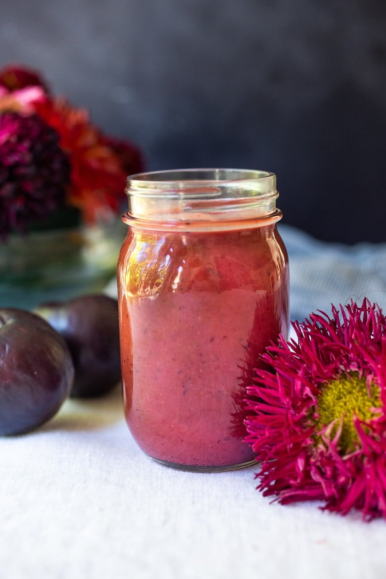 A Chinese-inspired recipe for Roasted Plum Sauce infused with garlic, shallots and ginger, to use on chicken, pork or lamb. #plumsauce 
