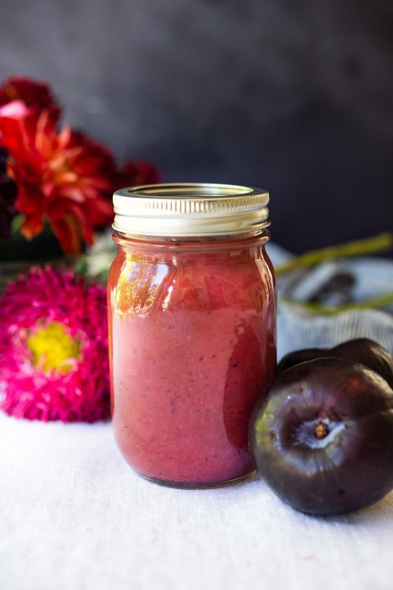 A Chinese-inspired recipe for roasted Plum Sauce infused with garlic, shallots, chilies, ginger, and five-spice to use on chicken, pork or lamb with a sugar-free alternative. #plumsauce #sugarfree