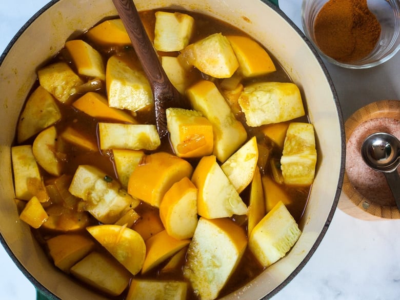 Curried Zucchini Soup with ginger and mint. A fast and easy vegan-adaptable soup that is healthy and flavorful.