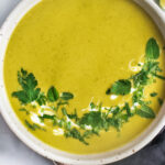 Curried Zucchini Soup with ginger and mint. A fast and easy vegan-adaptable soup that is healthy and flavorful.