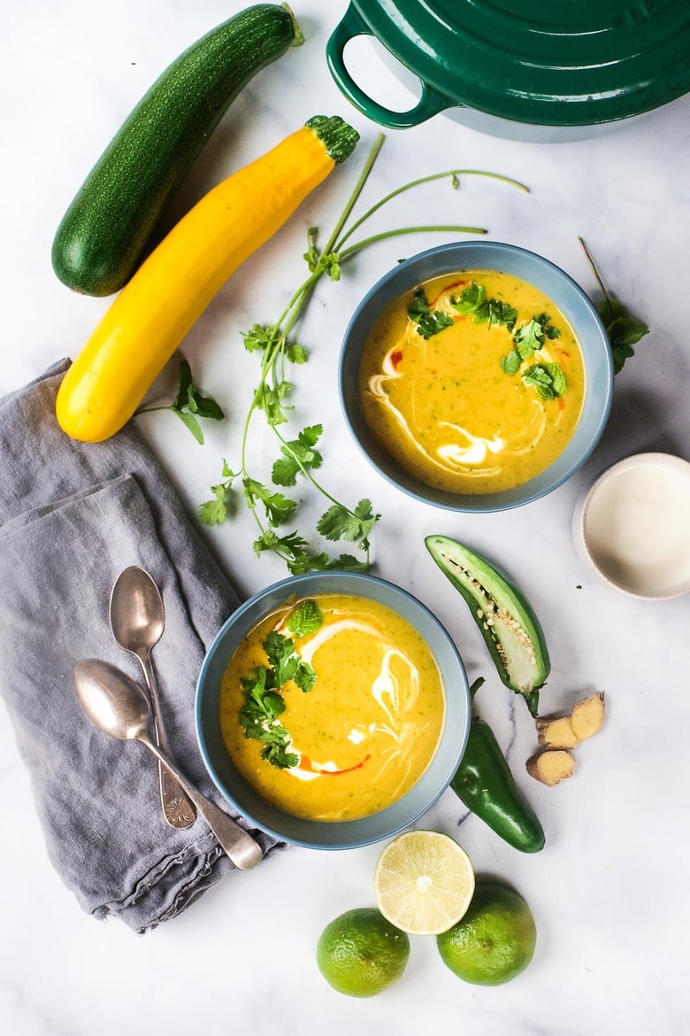 Curried Zucchini Soup with ginger and mint. A fast and easy vegan-adaptable soup that is healthy and flavorful.