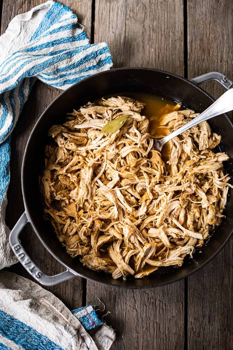 A simple easy recipe for Shredded chicken that can be made in an Instant Pot, Slow Cooker or on the Stovetop. Use breasts or thighs, fresh or frozen, great for meal prep and busy weeknight dinners. Keeps for 5 days in the fridge, or freeze! #shreddedchicken 