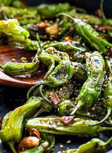 Blistered Shishito Peppers- a fast and easy appetizer that comes together in under 15 minutes! #shishito #shishitopeppers