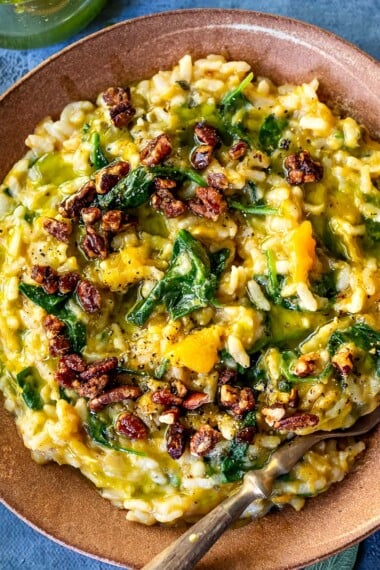 This Butternut Squash Risotto recipe couldn't be any easier. Made with leeks, and spinach with very little fuss, on your stovetop or in your Instant Pot pressure cooker. Vegan-adaptable and Gluten-free.