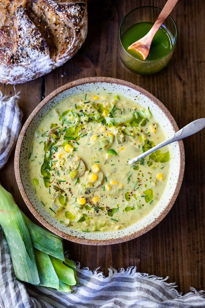 Cozy up with a bowl of this Coconut Corn Chowder with Leeks- a simple, comforting meal that can be made in under 30 minutes. Vegan and Gluten-free! #cornchowder #vegancornchowder #vegansoup