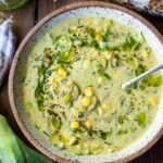 Cozy up with a bowl of this Coconut Corn Chowder with Leeks- a simple, comforting meal that can be made in under 30 minutes. Vegan and Gluten-free! #cornchowder #vegancornchowder #vegansoup