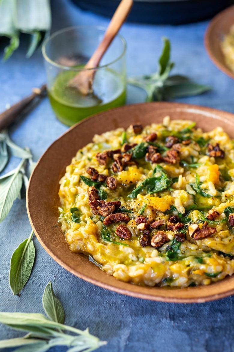 This Butternut Squash Risotto recipe couldn't be any easier. Made with leeks, and spinach with very little fuss, on your stovetop or in your Instant Pot pressure cooker. Vegan-adaptable and Gluten-free.