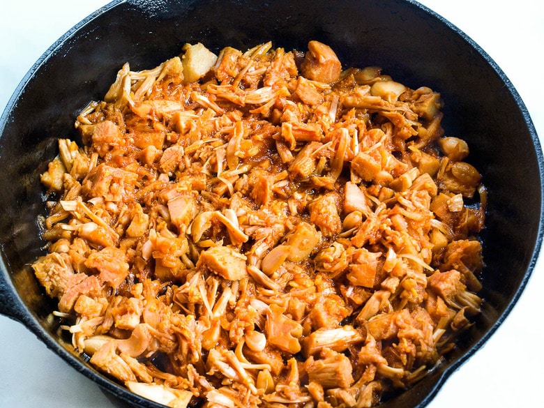 Searing the jackfruit. Jackfruit lends itself perfectly to Bulgogi. It shreds easily, has a tender texture, and a fairly neutral taste allowing it to take on the flavor of the marinade.