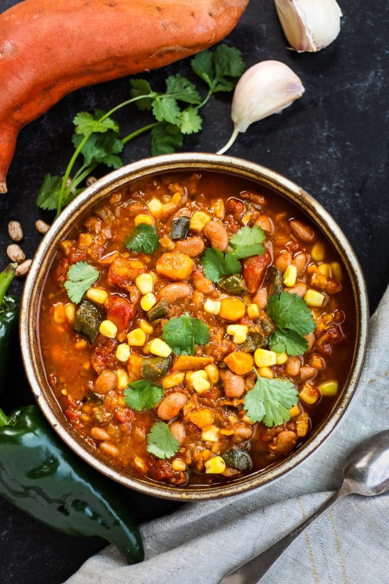 Instant Pot Pinto Bean Stew using dry beans with Corn, yams, poblanos - vegan-adaptable and can be made in 45 minutes. 