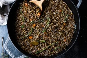 Simple Braised French Lentils - nourishing and comforting and a delicious healthy side dish that pairs well with so many things! Leftovers can be frozen, or repurposed into breakfast or into a salad!