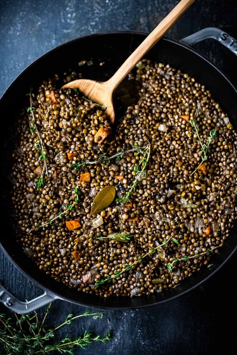 This recipe for Simple Braised French Lentils is nourishing and comforting and a delicious healthy side dish that pairs well with so many things! Leftovers can be frozen, or turned into a salad! #lentils #Frenchlentils #lentilrecipes