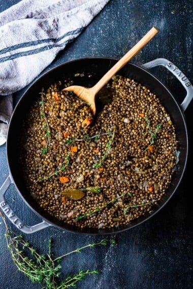 This recipe for Simple Braised French Lentils is nourishing and comforting and a delicious healthy side dish that pairs well with so many things! Leftovers can be frozen, or turned into a salad! #lentils #Frenchlentils #lentilrecipes