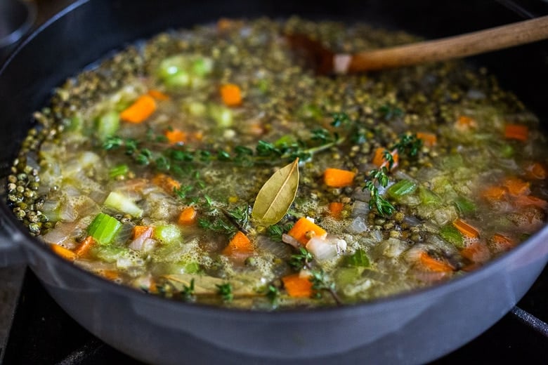 This recipe for Simple Braised French Lentils is nourishing and comforting and a delicious healthy side dish that pairs well with so many things! Leftovers can be frozen, or turned into a salad! #lentils #Frenchlentils #lentilrecipes