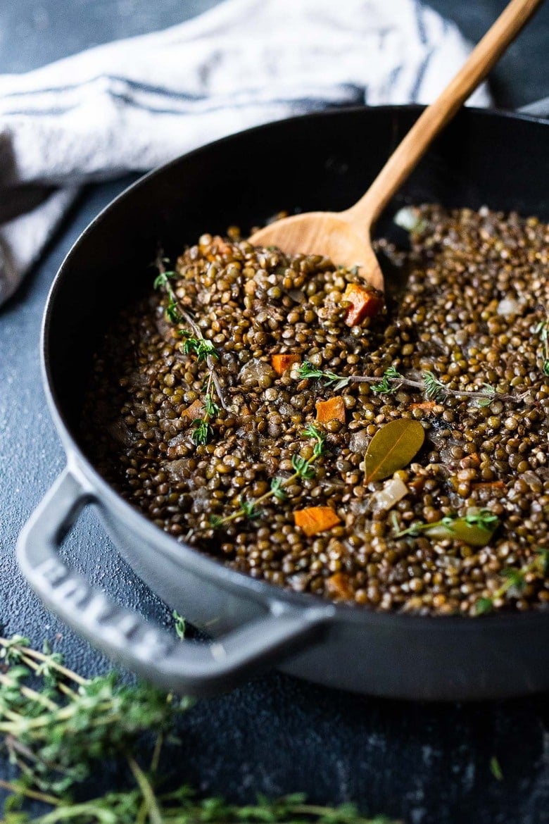 This recipe for Simple Braised French Lentils is nourishing and comforting and a delicious healthy side dish that pairs well with so many things! Leftovers can be frozen, or turned into a salad! #lentils #Frenchlentils #lentilrecipes