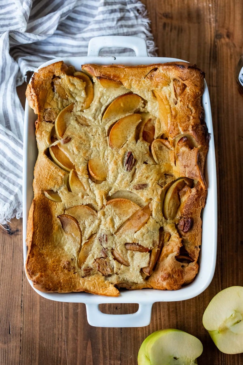 A simple recipe for Pannekoeken, a baked apple pancake hailing from the Netherlands, this version is infused with cardamom and nutmeg and puffs up dramatically in the oven. A delicious weekend breakfast or brunch. 