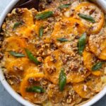 Butternut Squash Gratin with Leeks, Sage and Walnuts - a delicious meatless side dish, highlighting the best of fall ingredients, worthy of the holiday table! Vegan-adaptable! #butternutsquash #gratin #sidedish #thanksgivingrecipes