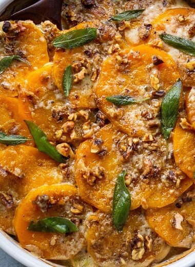  Butternut Squash Gratin with Leeks, Sage and Walnuts - a delicious meatless side dish, highlighting the best of fall ingredients, worthy of  the holiday table! Vegan-adaptable! #butternutsquash #gratin #sidedish #thanksgivingrecipes
