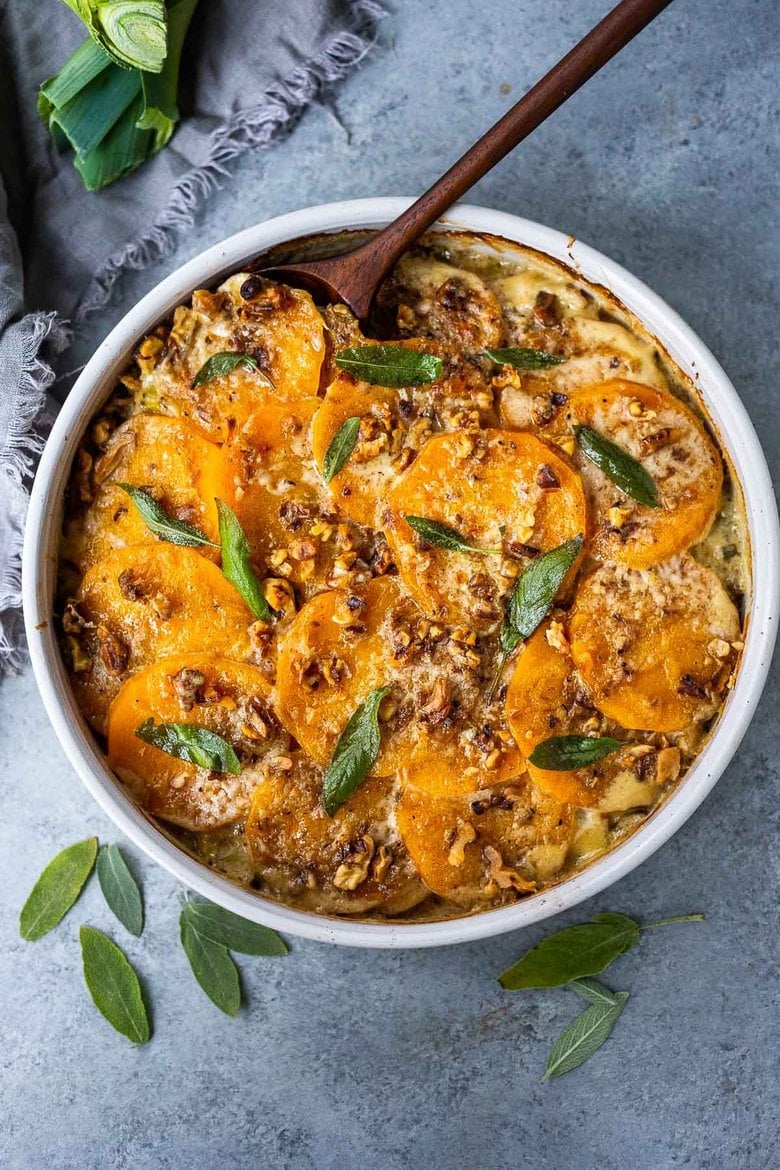  Butternut Squash Gratin with Leeks, Sage and Walnuts - a delicious vegetarian side dish, highlighting the best of fall ingredients, worthy of  the holiday table! Vegan-adaptable! 
