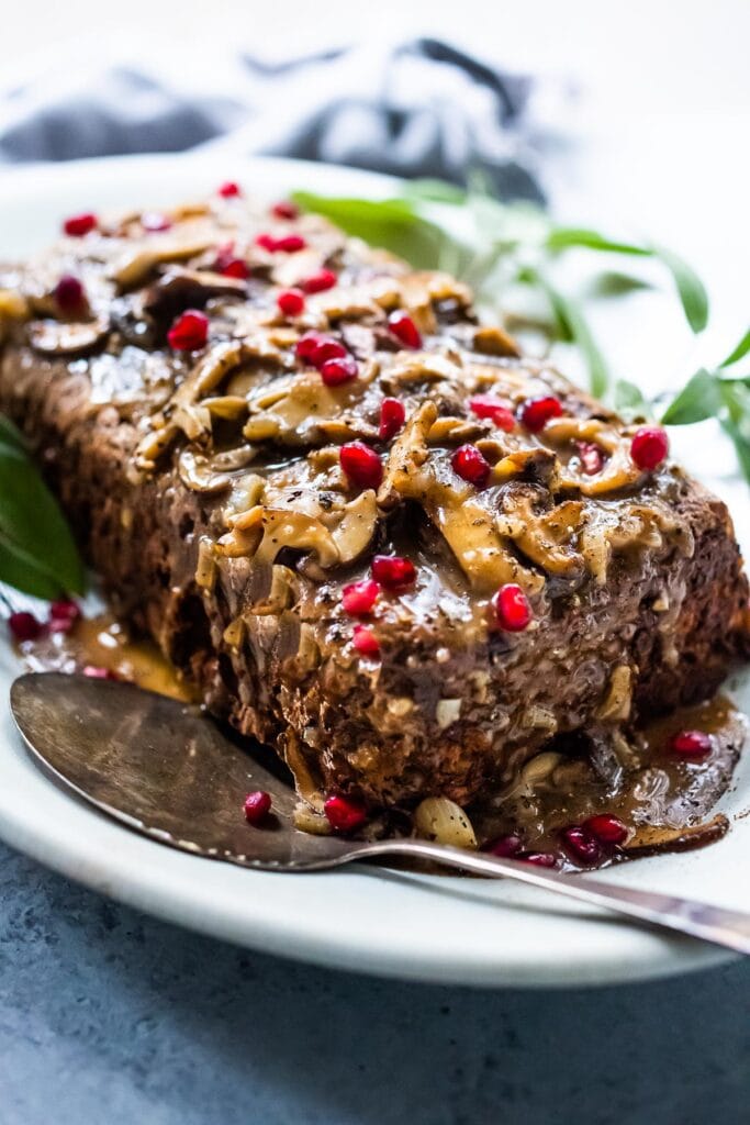 Sagey Mushroom Walnut Roast- a savory, hearty vegetarian main dish, perfect for the holiday table. #nutloaf #mushroomloaf #vegetariandinner