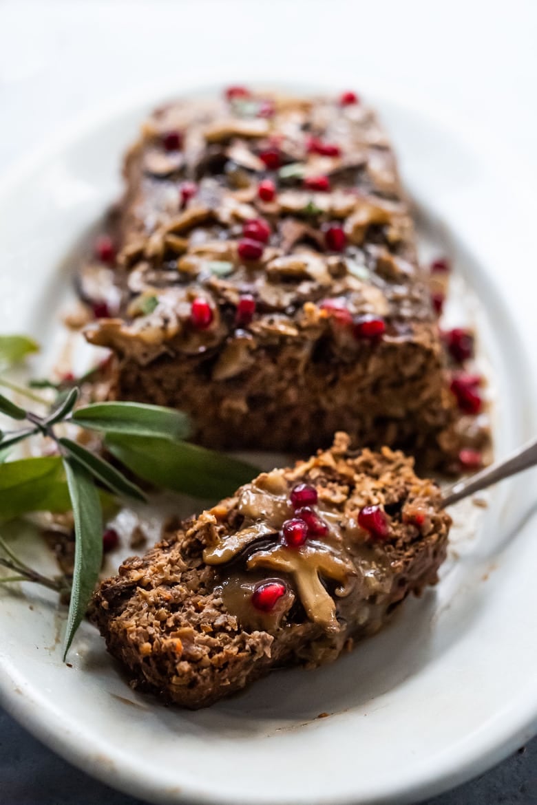 Sagey Mushroom Walnut Roast- a savory, hearty vegetarian main dish, perfect for the holiday table. #nutloaf #mushroomloaf #vegetariandinner