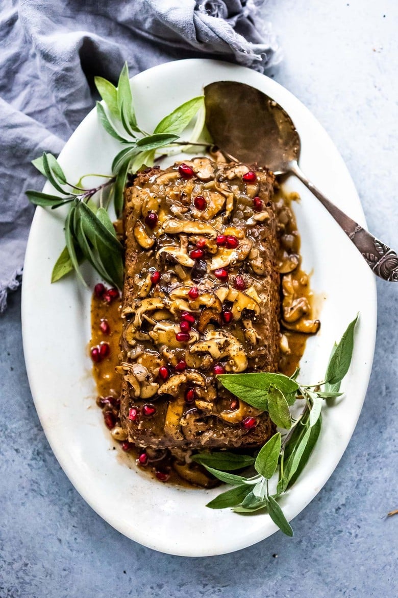 A savory vegetarian main dish, this Sagey Mushroom Walnut Roast is a beautiful addition to your holiday table. #nutloaf #mushroomloaf 