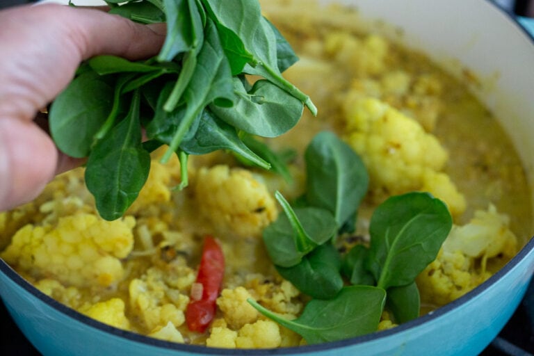 Fragrant Golden Cauliflower Dal w/ Red Lentils, Coconut and Spinach