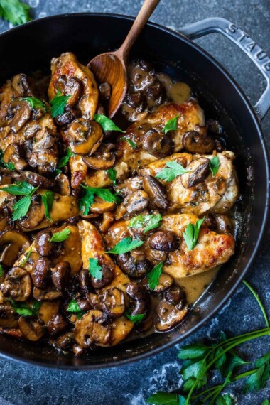 How to make classic Chicken Marsala (with double the mushrooms!) in a rich, earthy, complex Marsala Sauce. Serve over creamy polenta, mashed potatoes or mashed cauliflower or roasted spaghetti Squash! #chickenmarsala #chickenrecipes