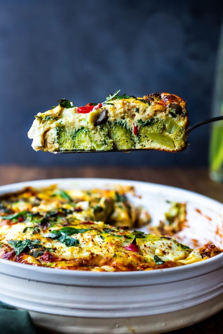 This delicious Frittata is baked in the oven and full of healthy vegetables. It's versatile, easy and can be made ahead - perfect for a speical breakfast or brunch. Or serve it up for lunch or dinner as a "crustless quiche" - a simple clean-out-the fridge kind of meal. Vegetarian, Keto, Gluten-free, and low-carb. 