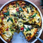 This delicious Baked  Frittata is easy to make, full of healthy vegetables, and very versatile. It can be made ahead - perfect for a holiday breakfast or brunch, or serve it up for lunch or dinner -an easy, clean-out-the fridge kind of meal. This crustless quiche is Keto, Gluten-free and low-carb. #frittata #healthybreakfast