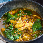 Moroccan Chicken Lentil Soup with Preserved Lemon and Saffron Broth