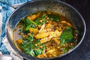 Moroccan Chicken Lentil Soup with Preserved Lemon and Saffron Broth