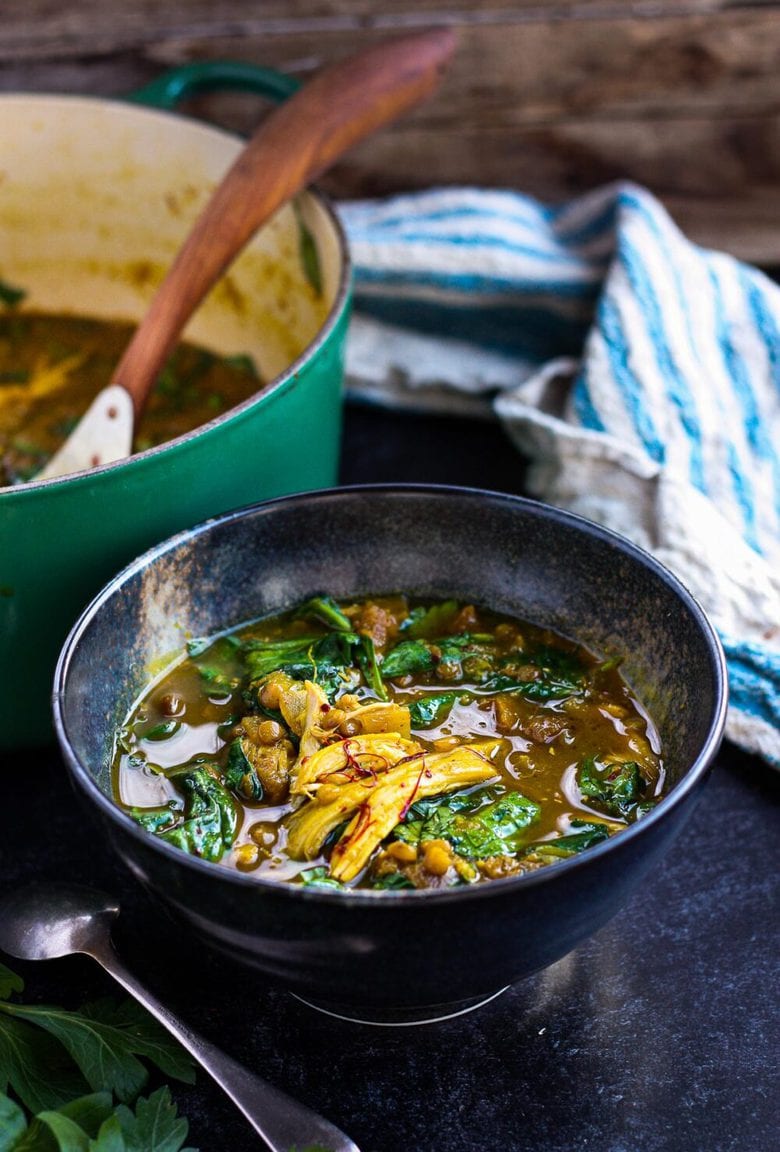 Moroccan Chicken Lentil Soup withPreserved lemon, spinach and Saffron Broth