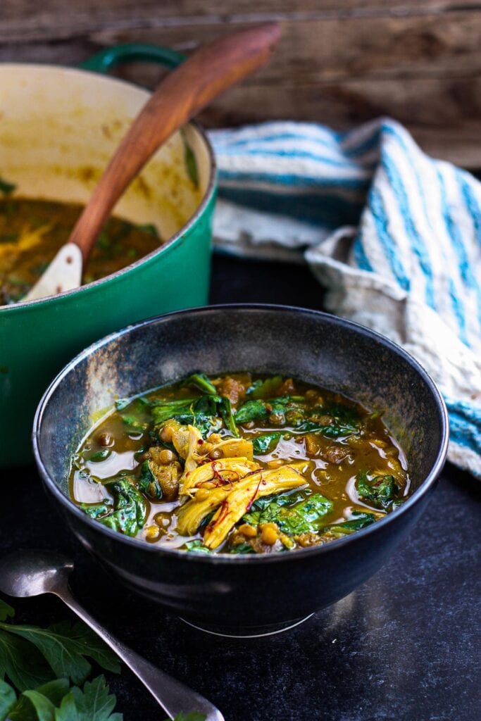 Boneless skinless Chicken thigh recipes! A richly spiced Moroccan-inspired soup, full of flavor, nutrients and soul-warming color.  Saffron, dried apricots and preserved lemon give this brothy Chicken Lentil Soup its depth. Easy to throw together, perfect for weeknight dinners.