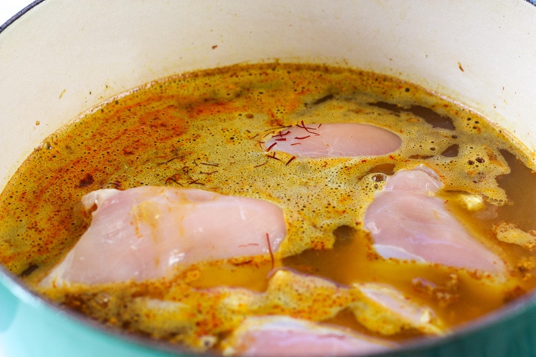 add the broth and chicken and simmer for 30 minutes.