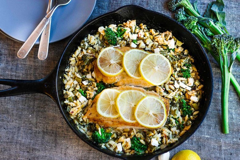 This healthy, easy, Broccoli Chicken Orzo Bake is made in one pot or skillet and baked! It’s comforting, loaded with broccoli and super simple to make! #broccoli chicken #casserole #orzobake #orzochicken