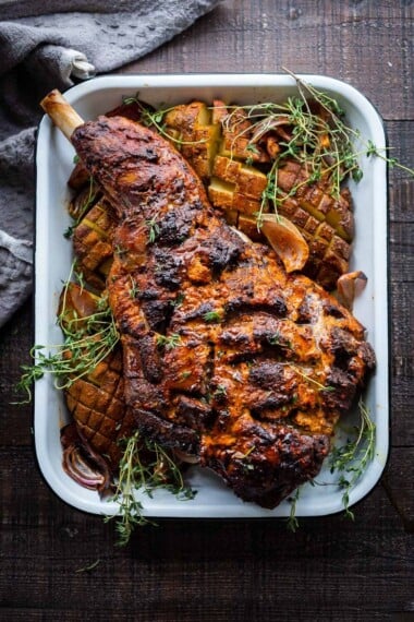 Harissa Roasted Leg of Lamb- a simple recipe for bone-in lamb roast with a flavorful crust.