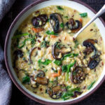 Instant Pot Wild Rice Soup with mushrooms and spinach- a healthy vegetarian soup recipe that is easy, fast and vegan adaptable! Gluten-free!