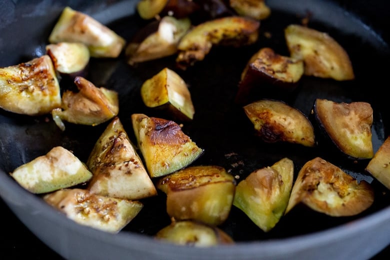 begin pan searing the eggplant. 