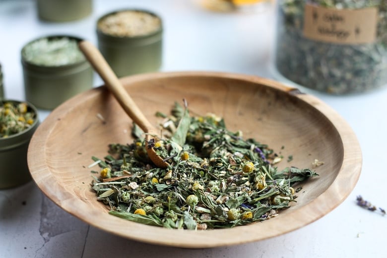 homemade herbal tea blend- mixed in a bowl